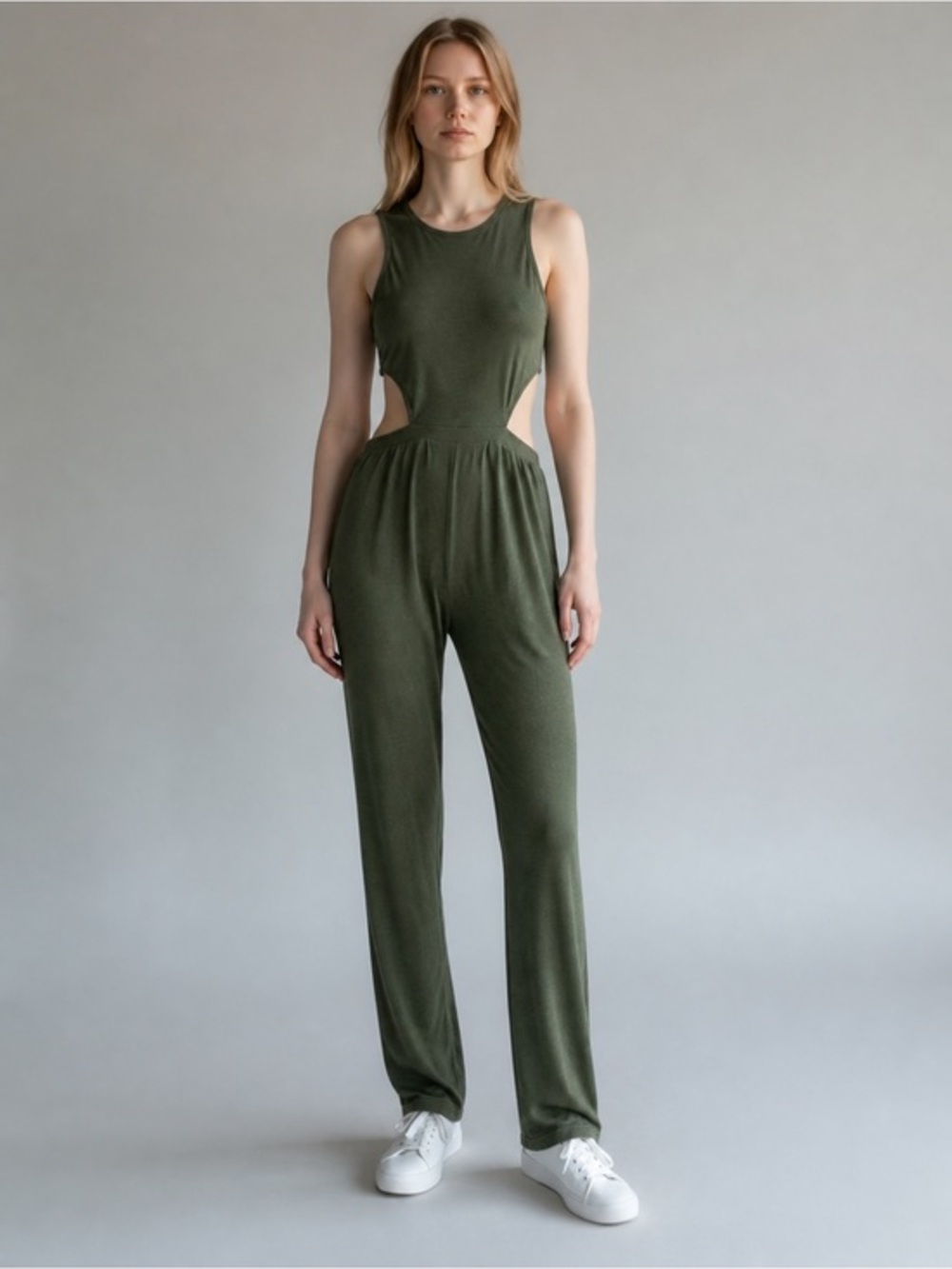 CAbi Olive Green Cutout Tank Jumpsuit